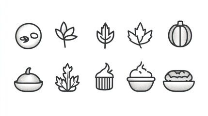 Autumn harvest icons; fall leaves, pumpkin, food