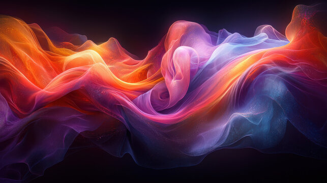 A mesmerizing spectacle of swirling colors unfolds, as a holographic curved wave in iridescent hues morphs and dances across a deep midnight backdrop. Each color whispers secrets of vibrant 