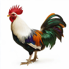 Colorful Rooster Standing Isolated on White Background
