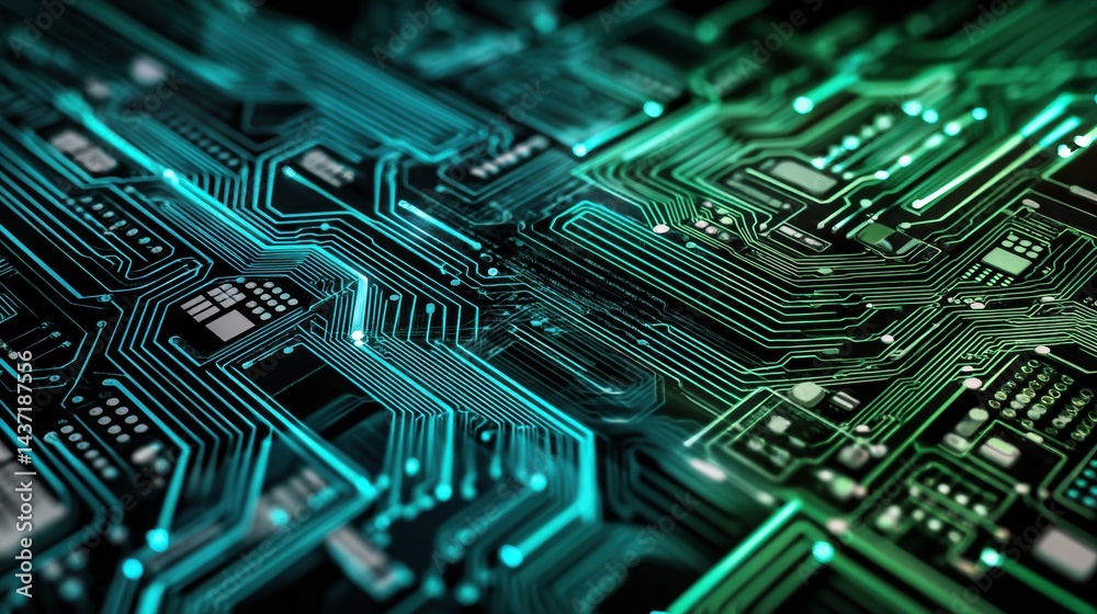 Aufkleber Minimal Computer Circuit Board Featuring Blue and Green Neon Elements Arranged in an Intricate Flat View Design