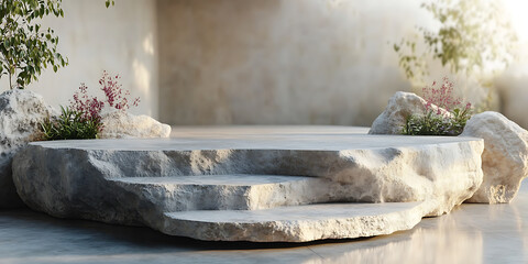 Minimalist stone podium display platform for product presentation and natural beauty showcase with plants around the edge