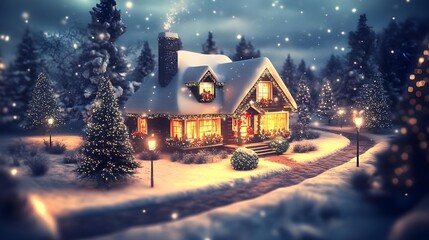 Fototapeta premium Cozy Christmas Village Scene with Snow-Covered Landscape