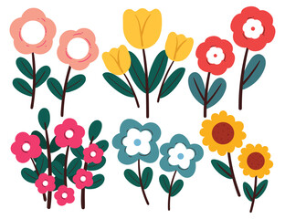 cute hand drawing cartoon flowers and leaves sticker set. cute plant and botanical, doodle set