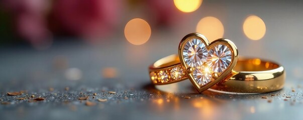 Elegant gold rings with sparkly diamonds set in heart shapes, symbolizing eternal love, diamonds, romantic