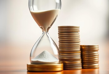 Close-up of hourglass and stacked coins, signifying time and financial growth, currency,  financial growth