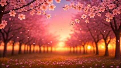 Naklejka premium Serene Cherry Blossom Landscape in Soft Light During Sunset with Blooming Flowers
