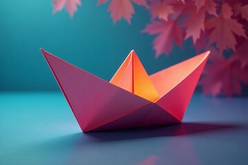 Side view of intricate paper boat with folded edges, nautical, craft
