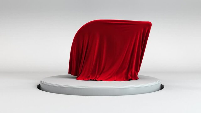 Red velvet cloth drapes circular stage green screen background reveal product launch display presentation elegance