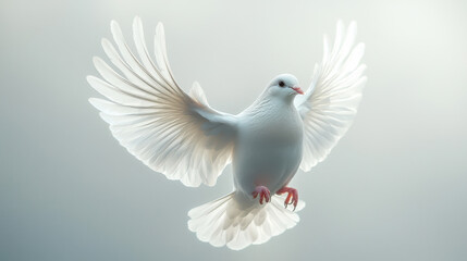 Fototapeta premium A solitary white dove, its wings a beacon of peace, soars gracefully against a transparent backdrop, a symbol of freedom and hope, captured in the digital realm by the generative power of AI 