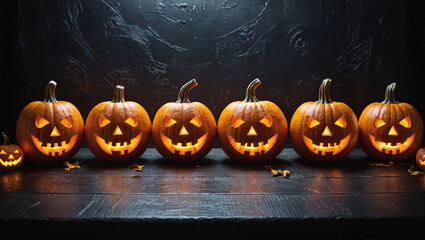 Spooky Halloween Jack-o'-lanterns A Row of Glowing Carved Pumpkins