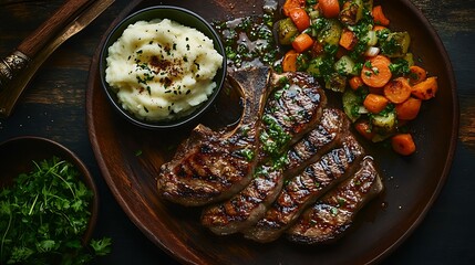 **Perfectly Grilled Lamb Chops With A Side Of Mint Sauce, Roasted Vegetables, And Mashed Potatoes, Elegant Lighting For High-End Restaurant Ad --Ar 16:9 --S 260** - @Darya (Relaxed)