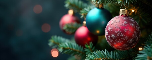 Obraz premium Frosted glass ball ornaments on a Christmas tree, Ornaments, Christmas tree, Sparkling lights