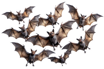 Fototapeta premium Set of flying black bats isolated on white background. Halloween concept
