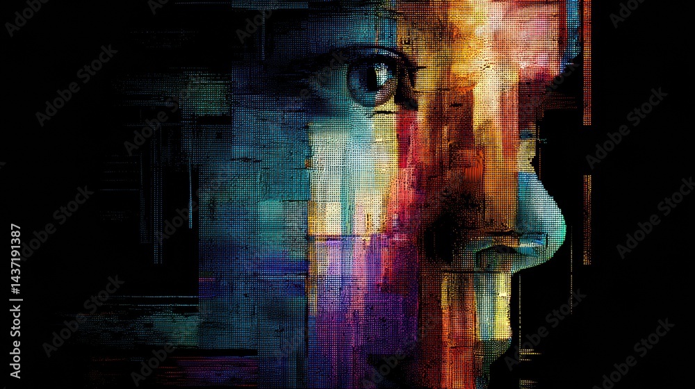Poster Glitch Art Face of AI Featuring a Vibrant, Fragmented Color Overlay Creating a Surreal Visual Experience
