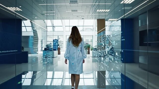 Future of Medicine: Woman Doctor Walking Through Innovative Digital Corridor