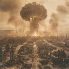 Mushroom cloud rising above scorched wasteland with intense heat and smoke pouring from epicenter. Post-apocalyptic destruction concept