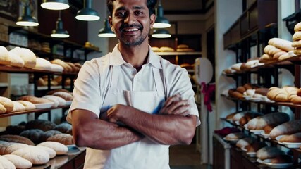 A mid-shot video of a smiling baker in a bakery, surrounded by fresh bread. Warm lighting and a welcoming atmosphere convey artisanal craftsmanship.