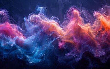 Ribbon-like multicolor smoke curling horizontally with bold hues over black canvas. Abstract colorful motion concept