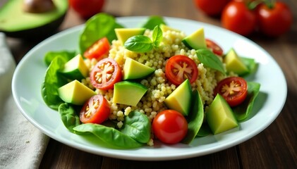 Fresh salad with spinach, quinoa, tomatoes, cucumbers, and avocado on a white plate, healthy, tomatoes