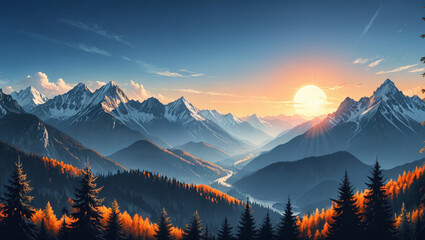 Obraz premium Majestic Mountain Sunset Breathtaking Panorama of Autumnal Peaks and Valley