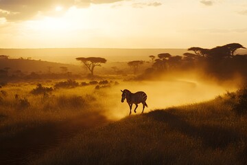 Fototapeta premium Zebra walking through the golden african savanna at sunset with trees in the background scenery