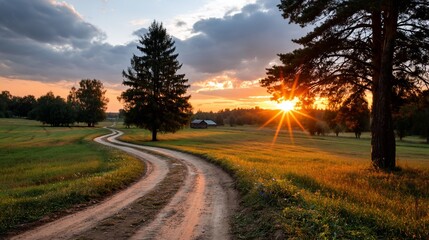 Fototapeta premium Golden sunset over winding country road