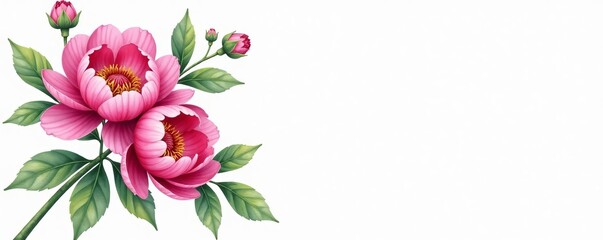 Fototapeta premium Pink peony flowers and leaves watercolor painting on white background, watercolor, art