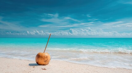 Coconut on Sandy Beach with Turquoise Water and Blue Sky in Tropical Paradise Setting