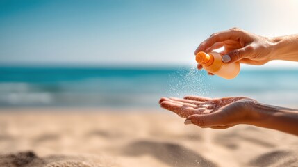 Sun Protection Application on Beach with Hands Holding Sunscreen Bottle Against Ocean Background