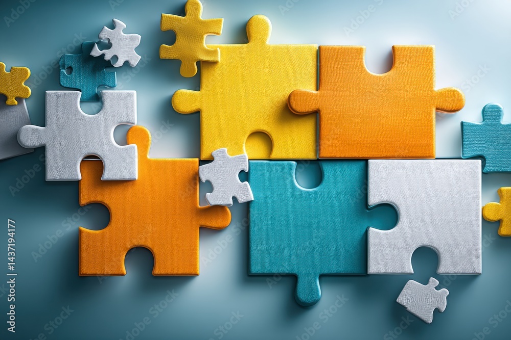 Poster Teamwork Represented With Minimal Composition of Colorful Puzzle Pieces on a Light Background Promoting Collaboration and Unity in Problem-Solving