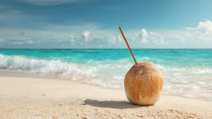 Refreshing Coconut Drink on Sandy Beach with Calm Waves and Clear Blue Sky