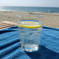 A clear glass of sparkling water with a lemon slice on a blue towel at a sunny beach scene