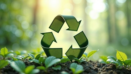 Green recycling symbol surrounded by young plants in lush garden setting