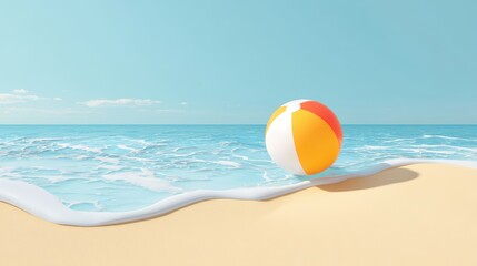 Bright Beach Scene with Colorful Ball Rolling on Sand Near Calm Ocean Waves Under Clear Sky
