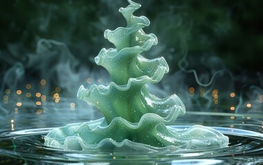 Rising spiral of vibrant green fluid twisting upward with glowing reflections on black background. Dynamic liquid motion concept