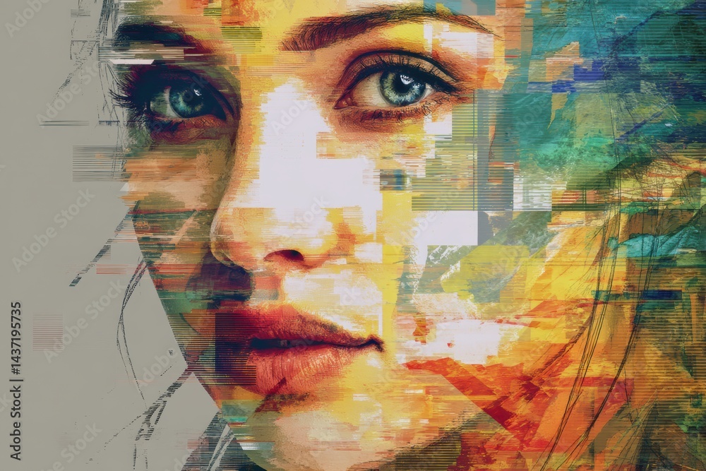 Aufkleber Face of AI Showcasing Glitch-Art Aesthetics With Vibrant Color Patterns and Fragmented Overlays, Highlighting Digital Creativity