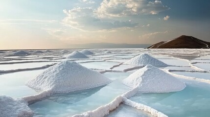 Vast and stunning salt fields under a clear sky, with intricate patterns created by the salt evaporation process. The glistening white fields stretch across the landscape, reflecting the sunlight. 