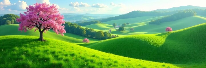 Rolling hills blanketed with green grass and blooming trees, landscape, spring