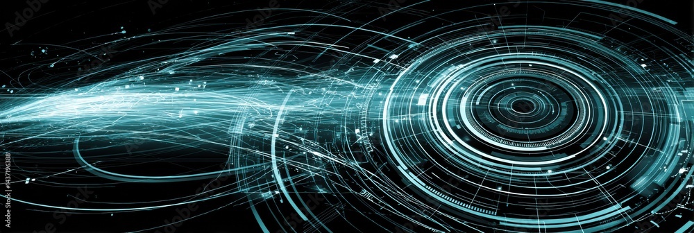 Poster futuristic hud interface displaying circular radar with dynamic motion trails on a sleek digital bac