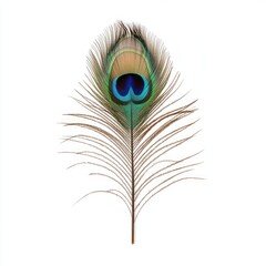Obraz premium A vibrant peacock feather with a striking blue-green eye pattern, beautifully isolated on a white background