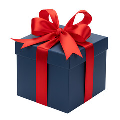 Obraz premium Dark blue gift box with red ribbon and red bow on white or transparent background, PNG