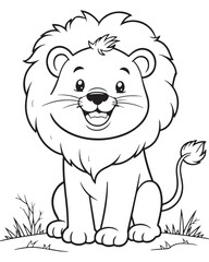 Cute cartoon lion sitting with a friendly smile and a fluffy mane. Black and white line art illustration for children's coloring book. Happy lion cub.