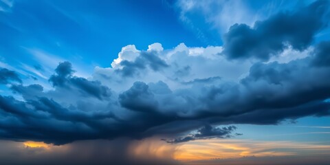 Obraz premium Dark storm clouds streak across vibrant blue sky, long exposure effect, blue sky, cloudscape