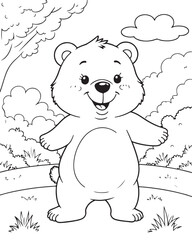 Cute cartoon bear standing with open arms in a simple outdoor scene with trees and clouds. Black and white line art for coloring book. Happy bear illustration.