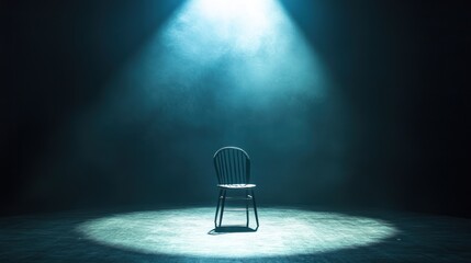 A lone chair bathed in spotlight, evokes solitude and anticipation in a theatrical space