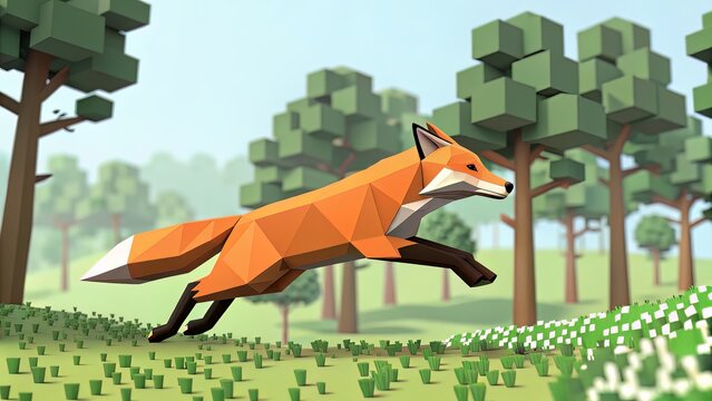 A digital fox rendered in low-poly art style, leaping across a pixelated forest.