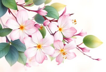 Delicate watercolor jasmine blossoms and leaves, soft background, spring, leaves