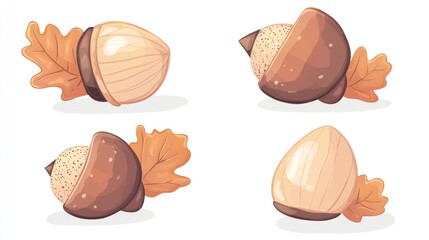 Acorn collection with oak leaves for nature illustration, education or background