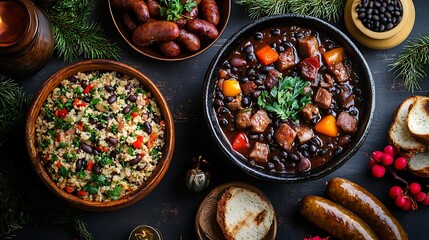 **Rich Brazilian Feijoada With Black Beans, Pork, Sausages, And Farofa, Festive Carnival Table Setting For Latin Food Branding --Ar 16:9 --S 260** - @Darya (Relaxed)