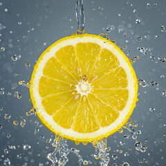 Close up of a lemon slice with water droplets falling and splashing around it on a gray background